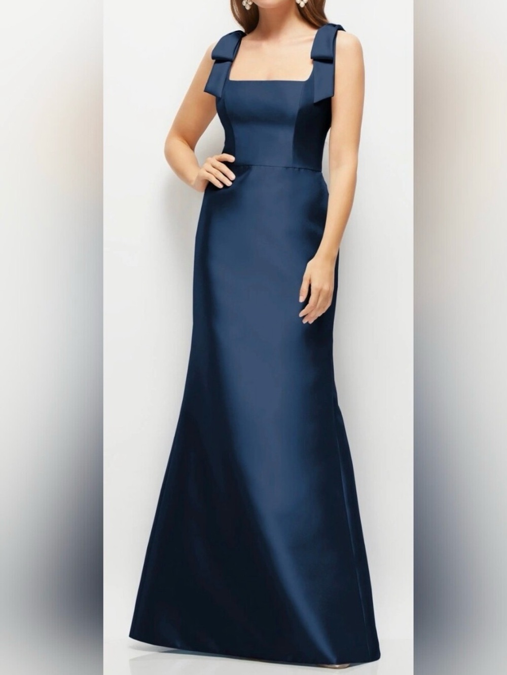 Alfred Sung NWT Midnight Blue Shoulder Bows Satin Maxi Gown Dress Size 2